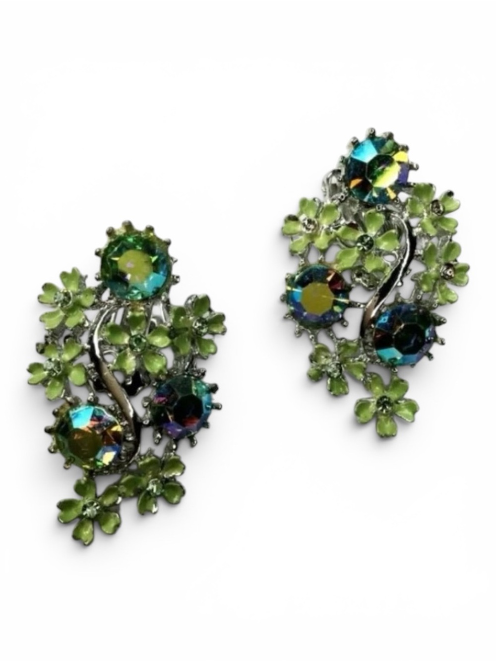 Vtg 1960s Silver‑Tone Paisley Clip‑On Earrings – AB Rhinestones & Enamel Flowers - Picture 6 of 12